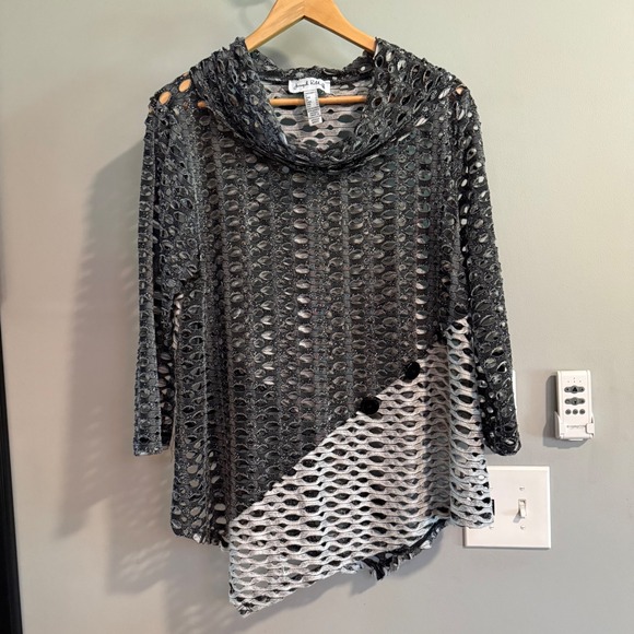 Joseph Ribkoff Tunic Top‎ Draped Neck Long Sleeve Asymmetric Hem Size 10 Fishnet - Picture 1 of 6
